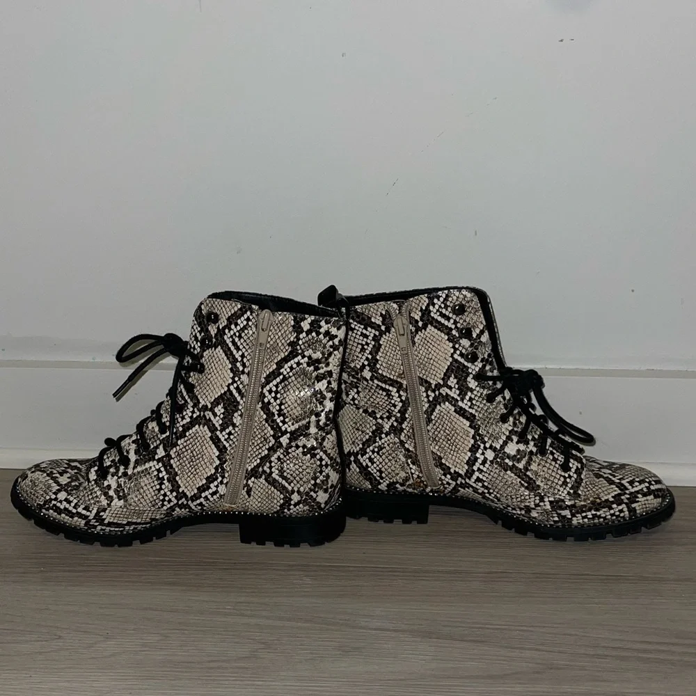 Express snakeskin combat booties. Rhinestone embellishing around sole. - Picture 6 of 10